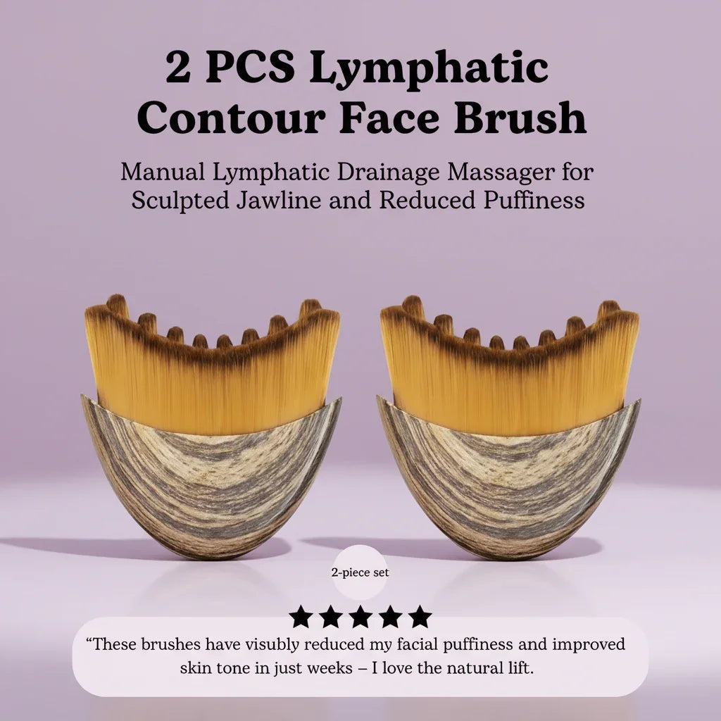 2 lymphatic contour face brushes with wooden handles on a purple background, for jawline sculpting and puffiness reduction