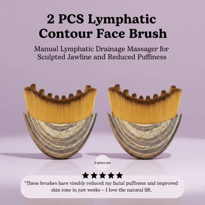 2 lymphatic contour face brushes with wooden handles on a purple background, for jawline sculpting and puffiness reduction