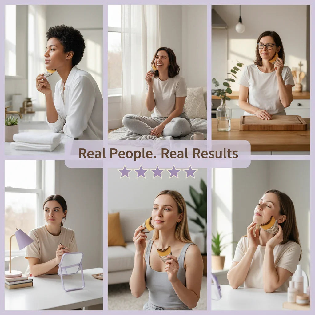 Women using facial massage tool at home, before and after results, five-star reviews