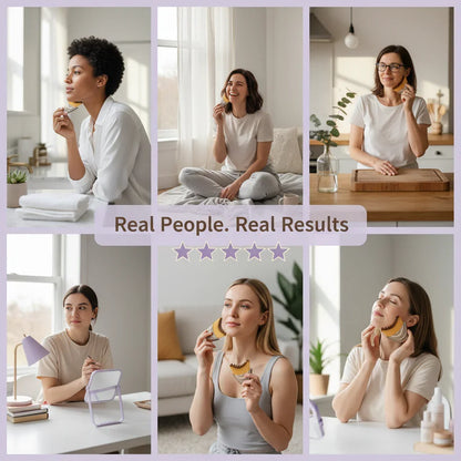 Women using facial massage tool at home, before and after results, five-star reviews