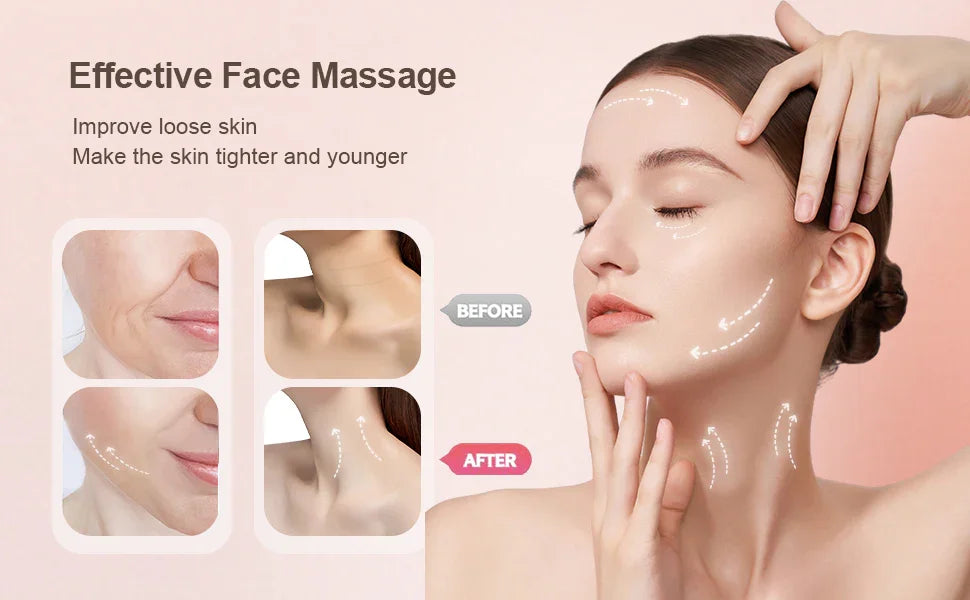 Woman demonstrating face massage for tighter, younger-looking skin with before and after results.
