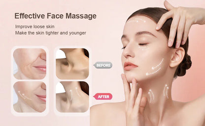Woman demonstrating face massage for tighter, younger-looking skin with before and after results.